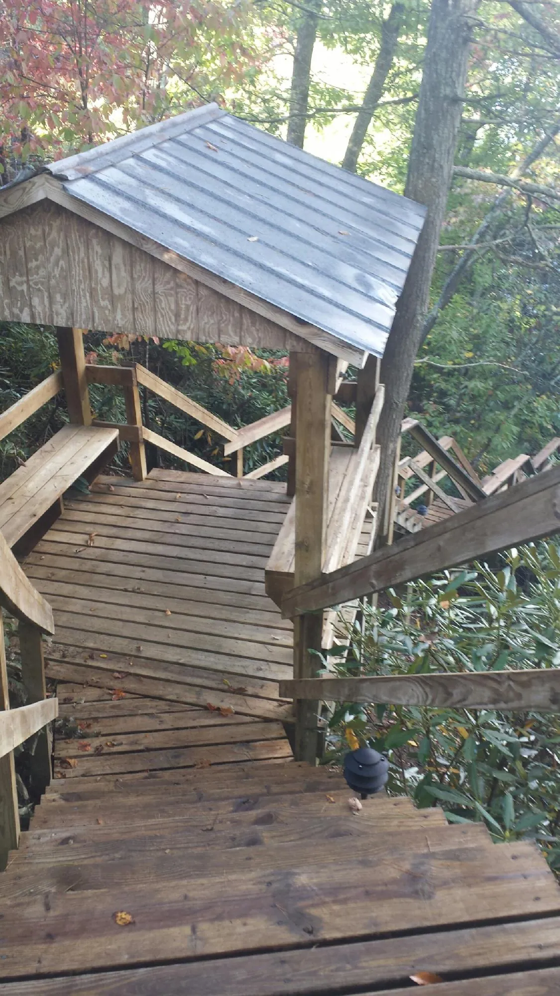 Metal roofed shelter over wooden steps on a wooded walkway — Skylight Repair & Installation work by our crew in Banner Elk